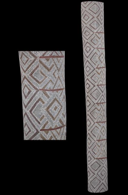 Australian Indigenous (Aboriginal and Torres Strait Islander) artwork by GARAWAN WANAMBI of Buku-Larrnggay Mulka (Yirrkala). The title is Marrangu. [3632J] (Earth Pigments on Hollow Log)