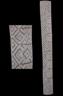 Australian Indigenous (Aboriginal and Torres Strait Islander) artwork by GARAWAN WANAMBI of Buku-Larrnggay Mulka (Yirrkala). The title is Marrangu. [3632J] (Earth Pigments on Hollow Log)