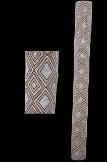 Australian Indigenous (Aboriginal and Torres Strait Islander) artwork by GARAWAN WANAMBI of Buku-Larrnggay Mulka (Yirrkala). The title is Marrangu. [3661R] (Earth Pigments on Hollow Log)