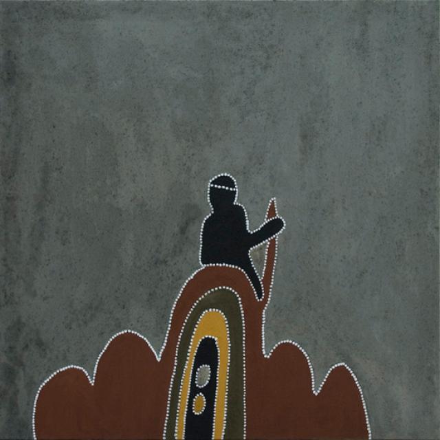 Australian Indigenous (Aboriginal and Torres Strait Islander) artwork by MABEL JULI of Warmun Artists. The title is Marranyji & Jiyirriny - Old Woman Singing out for her Dog. [WAC142/08] (Natural Ochre and Pigments on Canvas)