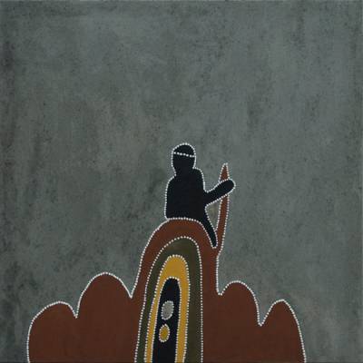 Australian Indigenous (Aboriginal and Torres Strait Islander) artwork by MABEL JULI of Warmun Artists. The title is Marranyji & Jiyirriny - Old Woman Singing out for her Dog. [WAC142/08] (Natural Ochre and Pigments on Canvas)