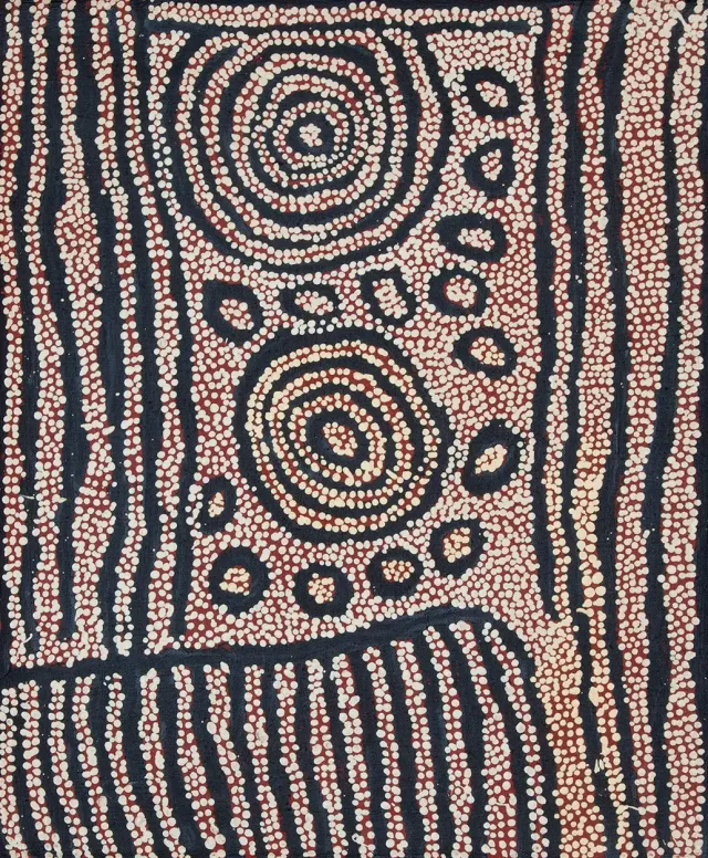 Australian Indigenous (Aboriginal and Torres Strait Islander) artwork by NANYUMA NAPANGATI of Papunya Tula Artists. The title is Marrapinti. [NN1410002] (Acrylic on Belgian Linen)