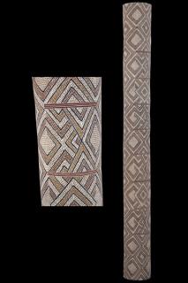 Australian Indigenous (Aboriginal and Torres Strait Islander) artwork by GARAWAN WANAMBI of Buku-Larrnggay Mulka (Yirrkala). The title is Marrngu. [3643T] (Earth Pigments on Hollow Log)
