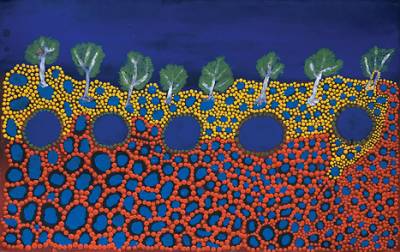 Australian Indigenous (Aboriginal and Torres Strait Islander) artwork by BILLY ATKINS of Martumili Artists. The title is Marshlands on Roy Hill Station. [08-727] (Acrylic on Canvas)
