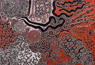 Australian Indigenous (Aboriginal and Torres Strait Islander) artwork by VARIOUS SPINIFEX ARTISTS (COLLABORATIVE) of Spinifex Artists. The title is Maru Munu Pirampa. [17-317] (Acrylic on Linen)