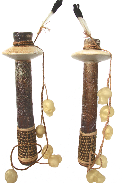 Australian Indigenous (Aboriginal and Torres Strait Islander) artwork by JIMMY KENNY THAIDAY of Erub Erwer Meta. The title is Massacre at Bikar (Told by Elder Selly Thaiday). [15-40] (Ceramic - Woodfired with Natural Fibres, Feathers and Cast Resin)