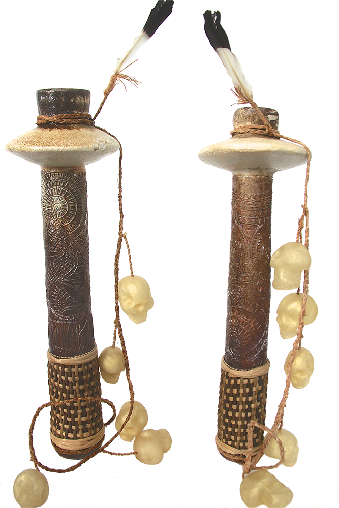 Australian Indigenous (Aboriginal and Torres Strait Islander) artwork by JIMMY KENNY THAIDAY of Erub Erwer Meta. The title is Massacre at Bikar (Told by Elder Selly Thaiday). [15-40] (Ceramic - Woodfired with Natural Fibres, Feathers and Cast Resin)