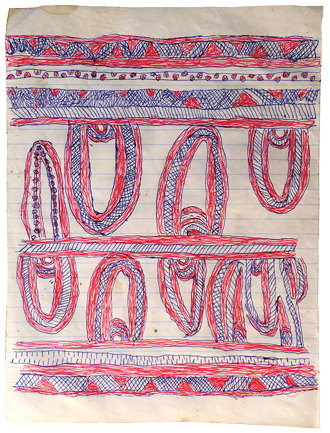 Australian Indigenous (Aboriginal and Torres Strait Islander) artwork by FATE SAVARI (ISAWDI) of Omie Artists. The title is Matabut’e ohu’o mi’e ija ahe - Turtle shell pendants and animal bones. [12-207] (Ink on Schoolbook Paper)