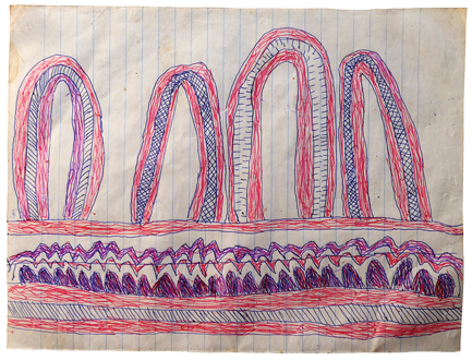 Australian Indigenous (Aboriginal and Torres Strait Islander) artwork by FATE SAVARI (ISAWDI) of Omie Artists. The title is Matabut’e - Turtle shell pendants. [12-206] (Ink on Schoolbook Paper)