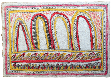 Australian Indigenous (Aboriginal and Torres Strait Islander) artwork by FATE SAVARI (ISAWDI) of Omie Artists. The title is Matabuté - Ancestor’s turtle shell pendant. [14-219] (Pencil and Ink on Paper)