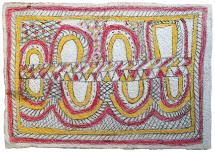 Australian Indigenous (Aboriginal and Torres Strait Islander) artwork by FATE SAVARI (ISAWDI) of Omie Artists. The title is Matabuté ohu’o in’e in’e - Ancestor’s turtle shell pendant and fragments of turtle shell. [14-231] (Pencil and Ink on Paper)