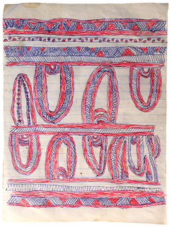 Australian Indigenous (Aboriginal and Torres Strait Islander) artwork by FATE SAVARI (ISAWDI) of Omie Artists. The title is Matabut’e ohu’o mi’e ija ahe - Turtle shell pendants and animal bones. [12-207] (Ink on Schoolbook Paper)