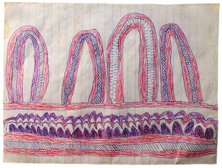 Australian Indigenous (Aboriginal and Torres Strait Islander) artwork by FATE SAVARI (ISAWDI) of Omie Artists. The title is Matabut’e - Turtle shell pendants. [12-206] (Ink on Schoolbook Paper)