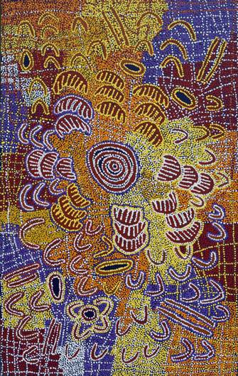 Australian Indigenous (Aboriginal and Torres Strait Islander) artwork by MARGARET NAPANGARDI BROWN of Warlukurlangu Artists (Yuendumu). The title is Mina Mina Jukurrpa (Mina Mina Dreaming) - Karlangu. [4221/07] (Acrylic on Belgian Linen)
