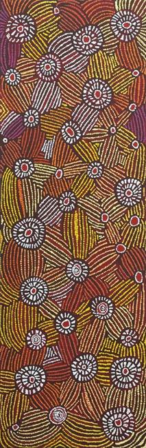 Australian Indigenous (Aboriginal and Torres Strait Islander) artwork by MARY NAPANGARDI BROWN of Warlukurlangu Artists (Yuendumu). The title is Mina Mina Jukurrpa (Mina Mina Dreaming) - Karlangu. [4193/07] (Acrylic on Belgian Linen)