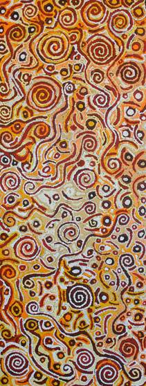 Australian Indigenous (Aboriginal and Torres Strait Islander) artwork by GAYLE NAPANGARDI GIBSON of Warlukurlangu Artists (Yuendumu). The title is Mina Mina Jukurrpa (Mina Mina Dreaming) - Ngalyipi. [785/12ny] (Acrylic on Belgian Linen)