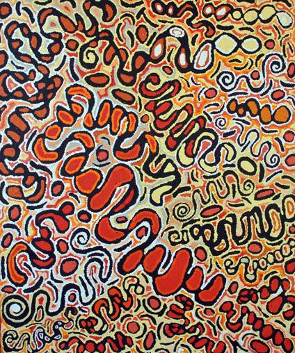 Australian Indigenous (Aboriginal and Torres Strait Islander) artwork by GAYLE NAPANGARDI GIBSON of Warlukurlangu Artists (Yuendumu). The title is Mina Mina Jukurrpa (Mina Mina Dreaming) - Ngalyipi. [938/12ny] (Acrylic on Belgian Linen)