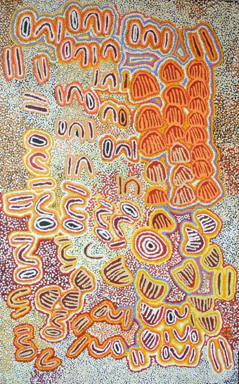 Australian Indigenous (Aboriginal and Torres Strait Islander) artwork by MARGARET NAPANGARDI BROWN of Warlukurlangu Artists (Yuendumu). The title is Mina Mina Jukurrpa (Mina Mina Dreaming) - Ngalyipi. [762/12ny] (Acrylic on Belgian Linen)