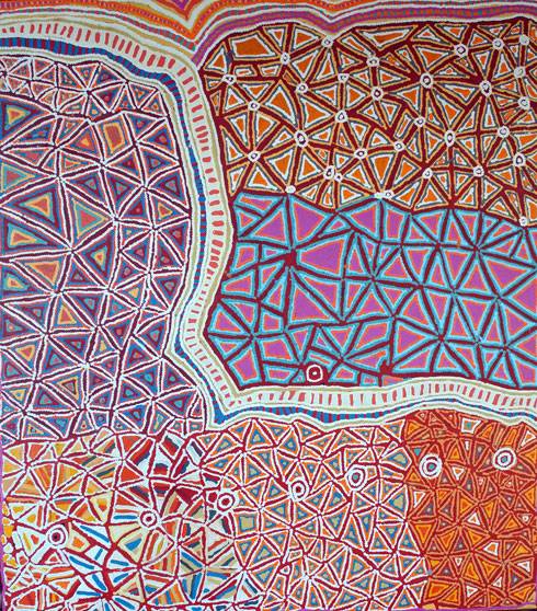 Australian Indigenous (Aboriginal and Torres Strait Islander) artwork by MARY NAPANGARDI GALLAGHER of Warlukurlangu Artists (Yuendumu). The title is Mina Mina Jukurrpa (Mina Mina Dreaming) - Ngalyipi. [1015/12ny] (Acrylic on Belgian Linen)