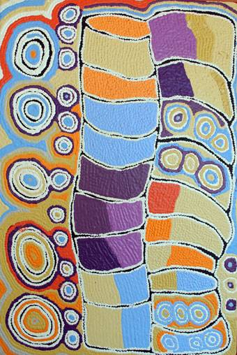 Australian Indigenous (Aboriginal and Torres Strait Islander) artwork by NANCY NAPANANGKA GIBSON of Warlukurlangu Artists (Yuendumu). The title is Mina Mina Jukurrpa (Mina Mina Dreaming) - Ngalyipi. [764/12ny] (Acrylic on Belgian Linen)