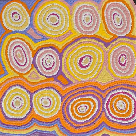 Australian Indigenous (Aboriginal and Torres Strait Islander) artwork by NANCY NAPANANGKA GIBSON of Warlukurlangu Artists (Yuendumu). The title is Mina Mina Jukurrpa (Mina Mina Dreaming) - Ngalyipi. [803/12ny] (Acrylic on Belgian Linen)
