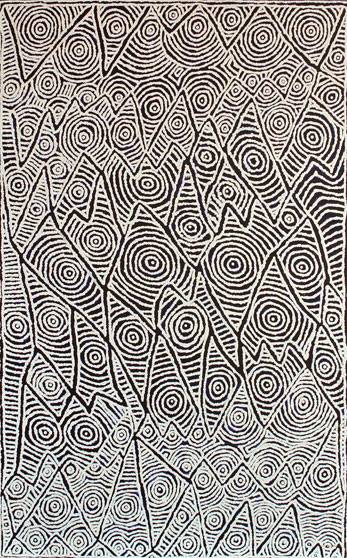 Australian Indigenous (Aboriginal and Torres Strait Islander) artwork by PAULINE NAPANGARDI GALLAGHER of Warlukurlangu Artists (Yuendumu). The title is Mina Mina Jukurrpa (Mina Mina Dreaming) - Ngalyipi. [871/12ny] (Acrylic on Belgian Linen)