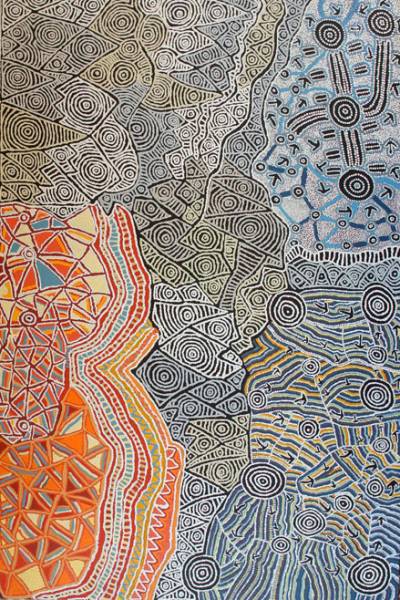 Australian Indigenous (Aboriginal and Torres Strait Islander) artwork by VARIOUS WARLUKURLANGU ARTISTS (COLLABORATIVE) of Warlukurlangu Artists (Yuendumu). The title is Mina Mina Jukurrpa (Mina Mina Dreaming) - Ngalyipi. [982/12ny - (1-4)] (Acrylic on Belgian Linen)