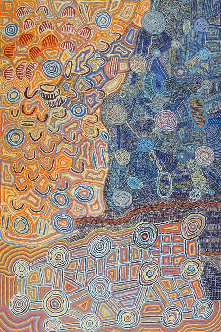 Australian Indigenous (Aboriginal and Torres Strait Islander) artwork by VARIOUS WARLUKURLANGU ARTISTS (COLLABORATIVE) of Warlukurlangu Artists (Yuendumu). The title is Mina Mina Jukurrpa (Mina Mina Dreaming) - Ngalyipi. [984/12ny - (1-4)] (Acrylic on Belgian Linen)