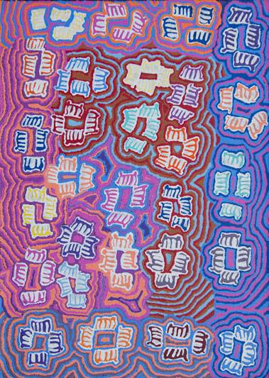 Australian Indigenous (Aboriginal and Torres Strait Islander) artwork by GAYLE NAPANGARDI GIBSON of Warlukurlangu Artists (Yuendumu). The title is Mina Mina Jukurrpa (Mina Mina Dreaming) - Ngalyipi. [1076/11ny] (Acrylic on Belgian Linen)