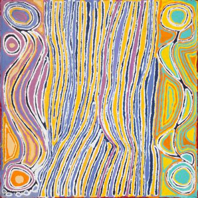 Australian Indigenous (Aboriginal and Torres Strait Islander) artwork by JUDY NAPANGARDI WATSON of Warlukurlangu Artists (Yuendumu). The title is Mina Mina Jukurrpa (Mina Mina Dreaming) -  Ngalyipi. [4538/08] (Acrylic on Canvas)
