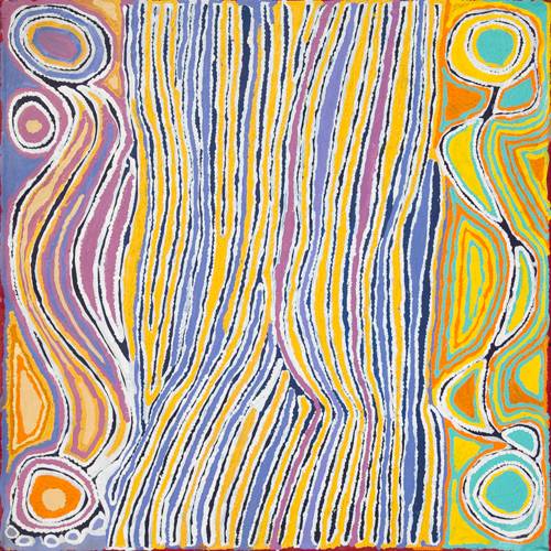 Australian Indigenous (Aboriginal and Torres Strait Islander) artwork by JUDY NAPANGARDI WATSON of Warlukurlangu Artists (Yuendumu). The title is Mina Mina Jukurrpa (Mina Mina Dreaming) -  Ngalyipi. [4538/08] (Acrylic on Canvas)