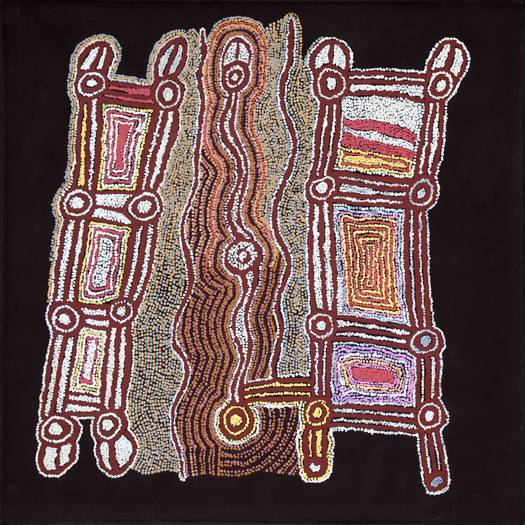 Australian Indigenous (Aboriginal and Torres Strait Islander) artwork by PADDY JAPANANGKA LEWIS of Warlukurlangu Artists (Yuendumu). The title is Mina Mina Jukurrpa (Mina Mina Dreaming) - Ngalyipi. [117/09ny] (Acrylic on Canvas)