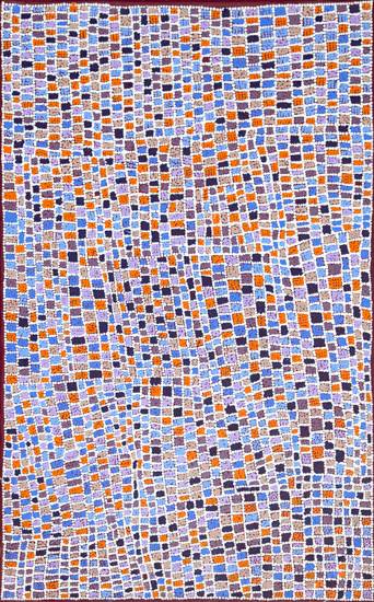 Australian Indigenous (Aboriginal and Torres Strait Islander) artwork by PAULINE NAPANGARDI GALLAGHER of Warlukurlangu Artists (Yuendumu). The title is Mina Mina Jukurrpa (Mina Mina Dreaming) - Ngalyipi. [40/09ny] (Acrylic on Canvas)