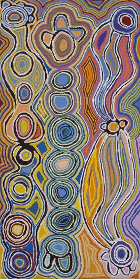 Australian Indigenous (Aboriginal and Torres Strait Islander) artwork by JUDY NAPANGARDI WATSON of Warlukurlangu Artists (Yuendumu). The title is Mina Mina Jukurrpa (Mina Mina Dreaming) - Ngalyipi. [4222/07] (Acrylic on Belgian Linen)