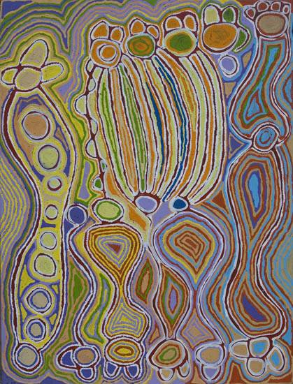 Australian Indigenous (Aboriginal and Torres Strait Islander) artwork by JUDY NAPANGARDI WATSON of Warlukurlangu Artists (Yuendumu). The title is Mina Mina Jukurrpa (Mina Mina Dreaming) - Ngalyipi. [4362/07] (Acrylic on Belgian Linen)