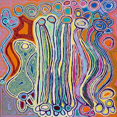 Australian Indigenous (Aboriginal and Torres Strait Islander) artwork by JUDY NAPANGARDI WATSON of Warlukurlangu Artists (Yuendumu). The title is Mina Mina Jukurrpa (Mina Mina Dreaming) - Ngalyipi. [4391/07] (Acrylic on Belgian Linen)