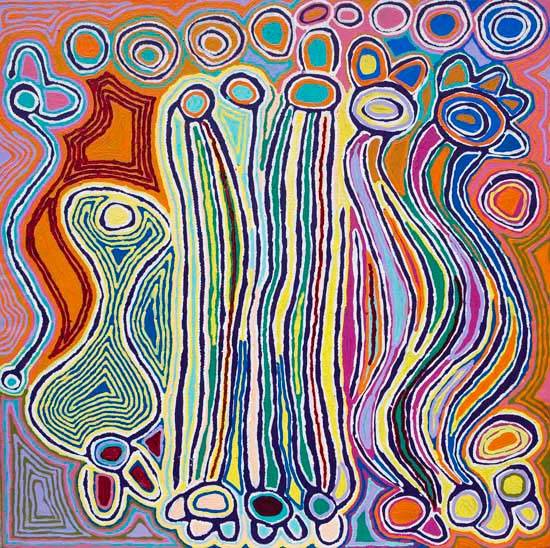 Australian Indigenous (Aboriginal and Torres Strait Islander) artwork by JUDY NAPANGARDI WATSON of Warlukurlangu Artists (Yuendumu). The title is Mina Mina Jukurrpa (Mina Mina Dreaming) - Ngalyipi. [4391/07] (Acrylic on Belgian Linen)