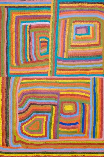 Australian Indigenous (Aboriginal and Torres Strait Islander) artwork by LADY GORDON of Warlayirti Artists (Balgo). The title is Minna Minna. [1327/08] (Acrylic on Linen)