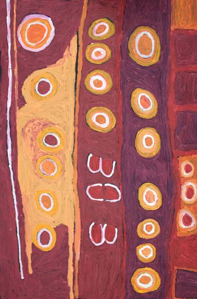 Australian Indigenous (Aboriginal and Torres Strait Islander) artwork by NELLIE STEWART of Tjungu Palya Artists. The title is Minyma Kutjara. [10485] (Acrylic on Canvas)