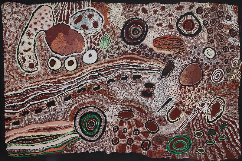 Australian Indigenous (Aboriginal and Torres Strait Islander) artwork by WATARRU (COLLABORATIVE) of Tjungu Palya Artists. The title is Minyma Kutjara. [18-047] (Synthetic Acrylic Polymer Paint on Linen)