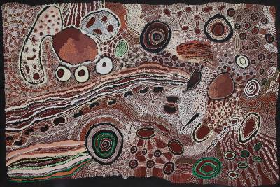 Australian Indigenous (Aboriginal and Torres Strait Islander) artwork by WATARRU (COLLABORATIVE) of Tjungu Palya Artists. The title is Minyma Kutjara. [18-047] (Synthetic Acrylic Polymer Paint on Linen)