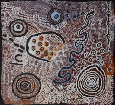 Australian Indigenous (Aboriginal and Torres Strait Islander) artwork by WATARRU (COLLABORATIVE) of Tjungu Palya Artists. The title is Minyma Kutjara. [19-011] (Synthetic Polymer on Linen)