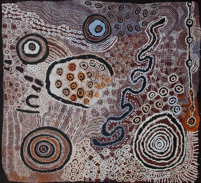 Australian Indigenous (Aboriginal and Torres Strait Islander) artwork by WATARRU (COLLABORATIVE) of Tjungu Palya Artists. The title is Minyma Kutjara. [19-011] (Synthetic Polymer on Linen)