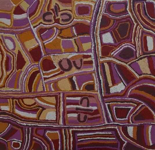 Australian Indigenous (Aboriginal and Torres Strait Islander) artwork by NELLIE STEWART of Tjungu Palya Artists. The title is Minyma Kutjara Tjukurpa. [08400] (Acrylic on Canvas)