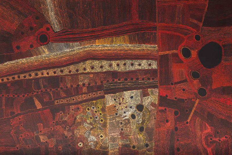 Australian Indigenous (Aboriginal and Torres Strait Islander) artwork by MARINGKA BAKER of Tjungu Palya Artists. The title is Minyma Kutjara Tjukurpa. [17-005] (Synthetic Polymer on Linen)