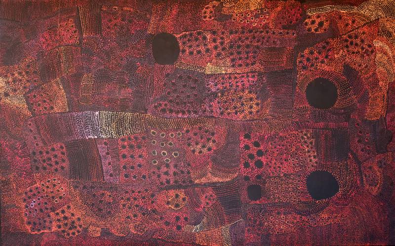 Australian Indigenous (Aboriginal and Torres Strait Islander) artwork by MARINGKA BAKER of Tjungu Palya Artists. The title is Minyma Kutjara Tjukurpa. [19-075] (Synthetic Polymer on Linen)