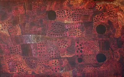 Australian Indigenous (Aboriginal and Torres Strait Islander) artwork by MARINGKA BAKER of Tjungu Palya Artists. The title is Minyma Kutjara Tjukurpa. [19-075] (Synthetic Polymer on Linen)