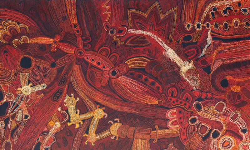 Australian Indigenous (Aboriginal and Torres Strait Islander) artwork by TERESA BAKER of Tjungu Palya Artists. The title is Minyma Malilunya. [17-006] (Synthetic Polymer on Linen)