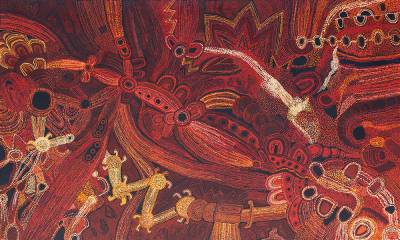 Australian Indigenous (Aboriginal and Torres Strait Islander) artwork by TERESA BAKER of Tjungu Palya Artists. The title is Minyma Malilunya. [17-006] (Synthetic Polymer on Linen)