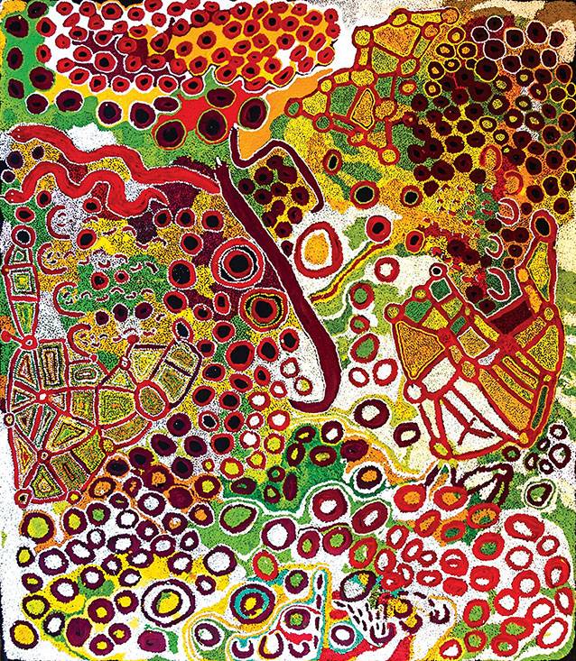 Australian Indigenous (Aboriginal and Torres Strait Islander) artwork by VARIOUS SPINIFEX ARTISTS (COLLABORATIVE) of Spinifex Artists. The title is Minyma Tjuta. [15-003a] (Acrylic on Linen)
